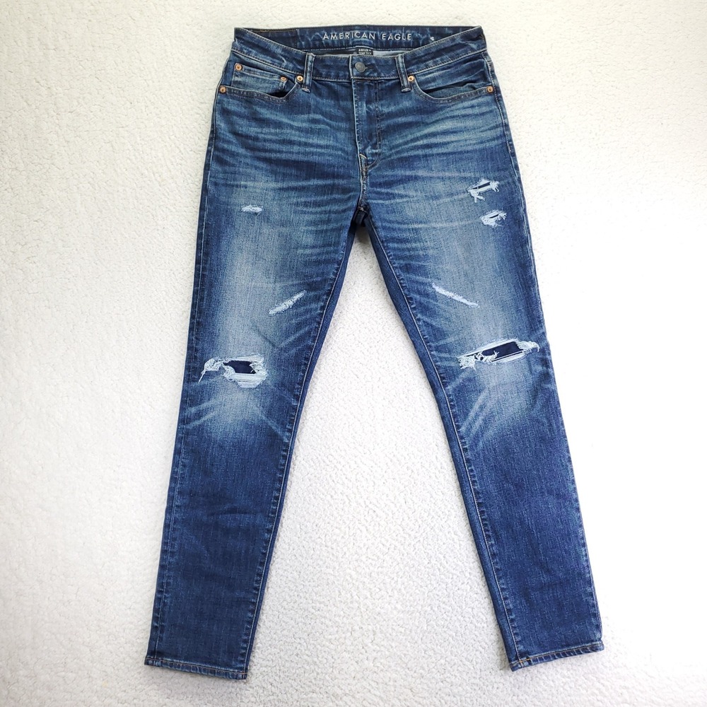 American Eagle Athletic Skinny Distressed Jeans Mens 33x32 Blue Medium Wash